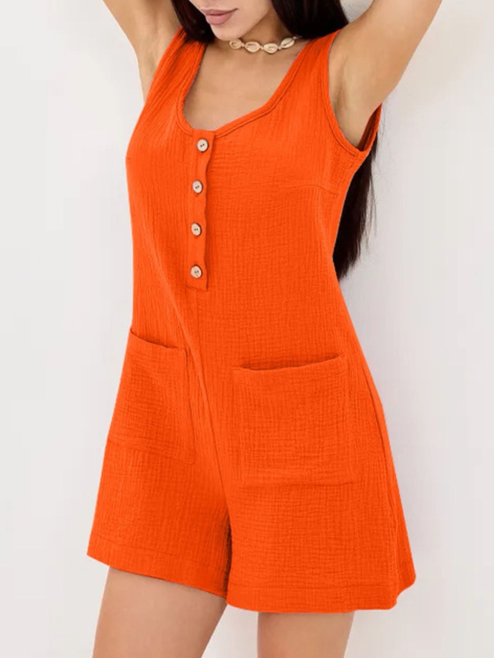 💖Hello Gorgeous! COTTON Casual Button-Down Sleeveless Romper w/pockets